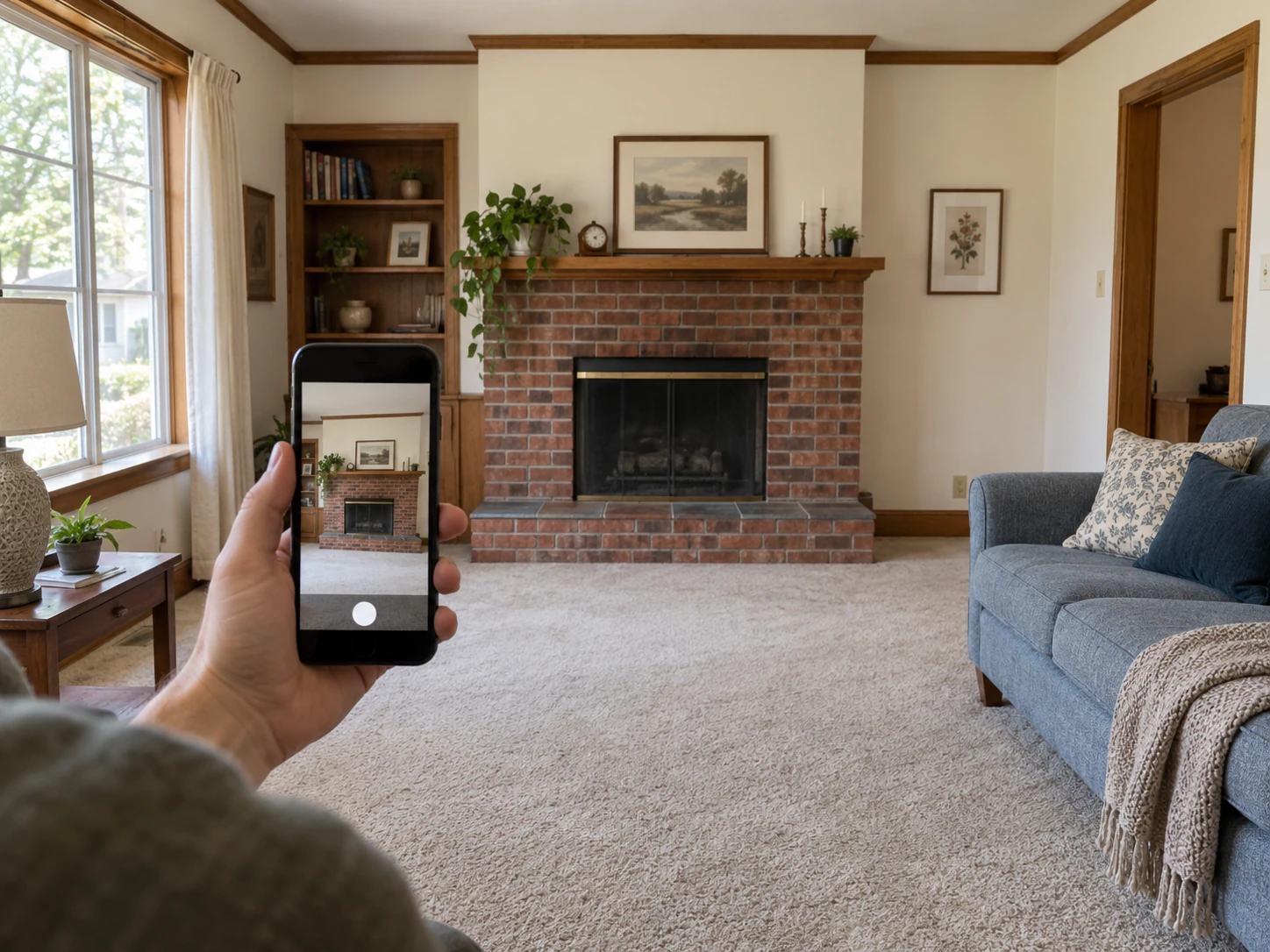 A phone camera frames a dated living room, showing the brick fireplace, carpet and window.