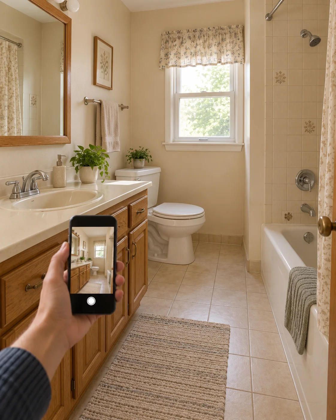 A hand holds a phone with a camera preview of a dated bathroom with an oak vanity, toilet and tiled bath.