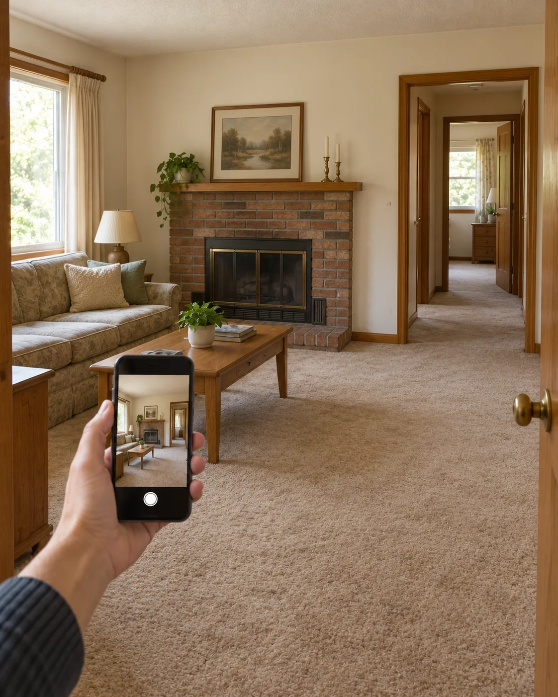 A hand holds a phone with a camera preview of an older living room, brick fireplace and adjoining hallway.